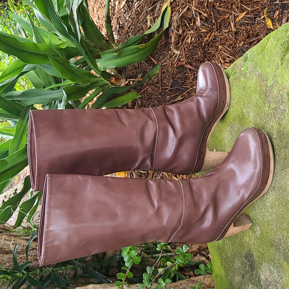 Marni brown leather studded wooden clog heeled tall boot, size 36/6. Gently worn